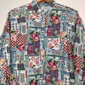Vintage 1990s Capacity Blouse Shirt Medium Patch Print Floral Blue Purple Rose